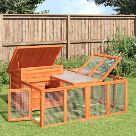 Conejera de madera maciza de pino marrón 144x123x67,5 cm de , Jaulas y habitáculos para animales pequeños - Ref: Foro24-17228...