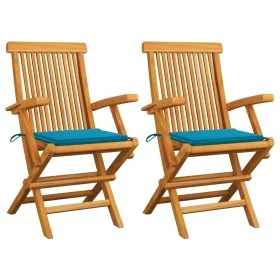 Sillas de jardín 2 uds madera maciza de teca con cojines azules de , Sillas de jardín - Ref: Foro24-3062491, Precio: 181,79 €...
