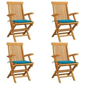 Sillas de jardín 4 uds madera maciza de teca con cojines azules de , Sillas de jardín - Ref: Foro24-3065621, Precio: 356,20 €...