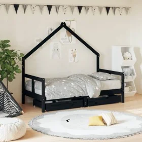 Estructura cama infantil y cajones madera pino negro 80x160 cm de , Cunas y camas para niños - Ref: Foro24-834545, Precio: 11...