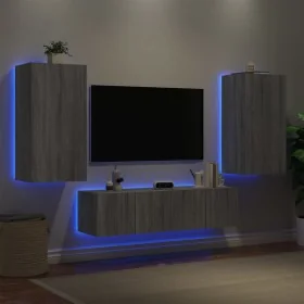 Muebles TV pared con LED 4 pzas madera ingeniería gris Sonoma by , TV Furniture - Ref: Foro24-3216851, Price: 198,82 €, Disco...