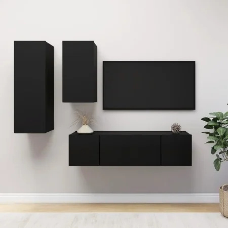Set de muebles de salón TV 4 piezas madera ingeniería negro de , Muebles TV - Ref: Foro24-3078836, Precio: 136,88 €, Descuent...
