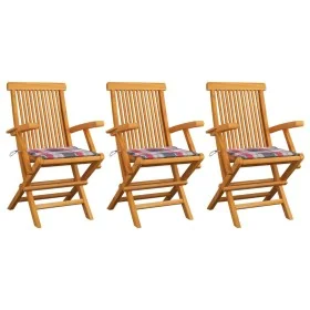 Sillas de jardín 3 uds madera teca con cojines a cuadros rojos de , Sillas de jardín - Ref: Foro24-3062527, Precio: 231,82 €,...