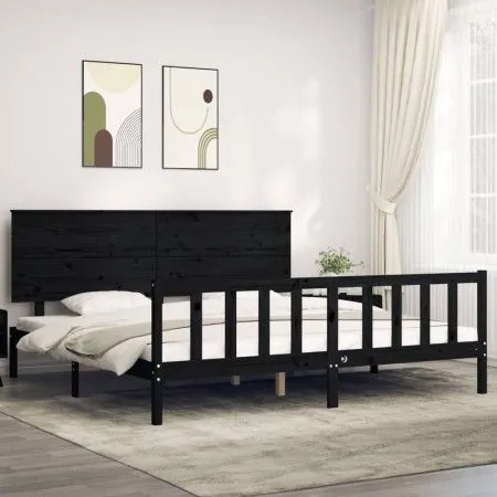 Bed frame with black solid wood headboard 200x200 cm by vidaXL, Beds and slatted bases - Ref: Foro24-3193425, Price: 217,88 €...