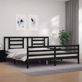 Bed frame with black solid wood headboard 200x200 cm by vidaXL, Beds and slatted bases - Ref: Foro24-3194725, Price: 170,31 €...