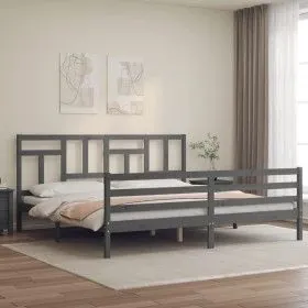 Gray solid wood bed frame with headboard 200x200 cm by vidaXL, Beds and slatted bases - Ref: Foro24-3194983, Price: 168,11 €,...