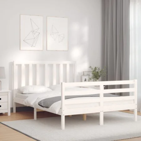 White solid wood bed frame with headboard 140x190 cm by vidaXL, Beds and slatted bases - Ref: Foro24-3193837, Price: 126,38 €...