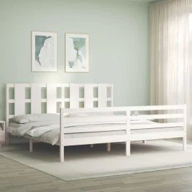 White solid wood bed frame with headboard 200x200 cm by vidaXL, Beds and slatted bases - Ref: Foro24-3194137, Price: 162,77 €...