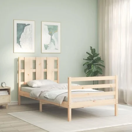 Bed frame with solid wood headboard 90x200 cm by vidaXL, Beds and slatted bases - Ref: Foro24-3194101, Price: 97,79 €, Discou...