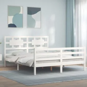 White solid wood bed frame with headboard 160x200 cm by vidaXL, Beds and slatted bases - Ref: Foro24-3194452, Price: 146,22 €...