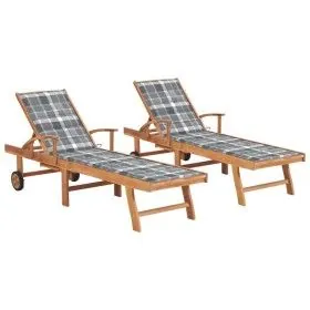 Sonnenliegen 2 Stück aus massivem Teakholz mit grau kariertem Kissen von vidaXL, Liegen - Ref: Foro24-3073200, Preis: 588,81 ...