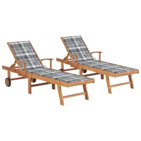 Sun loungers 2 pcs solid teak wood with gray checkered cushion by vidaXL, Loungers - Ref: Foro24-3073200, Price: 588,81 €, Di...