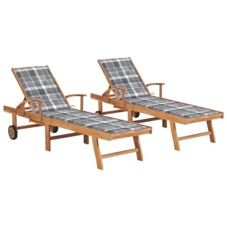 Sun loungers 2 pcs solid teak wood with gray checkered cushion by vidaXL, Loungers - Ref: Foro24-3073200, Price: 588,81 €, Di...