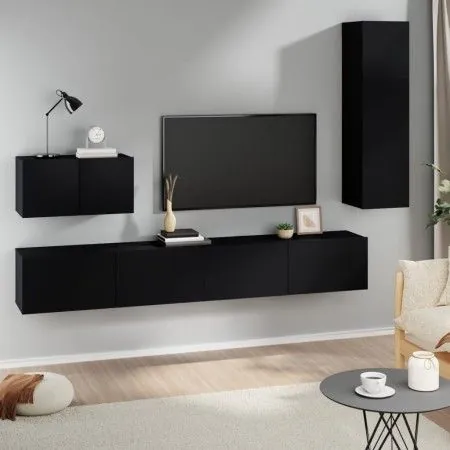 Set de muebles para TV 4 piezas madera contrachapada negro de vidaXL, Muebles TV - Ref: Foro24-3114327, Precio: 182,36 €, Des...