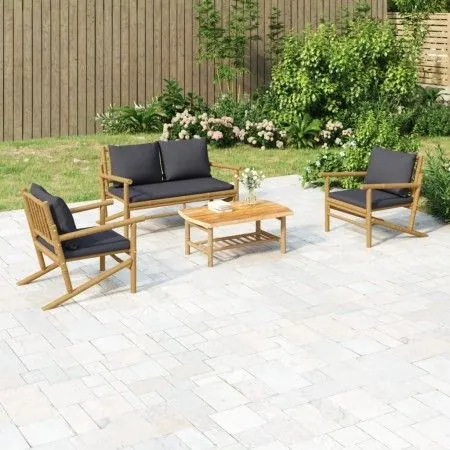 Set de muebles de jardín 4 piezas bambú con cojines gris oscuro de vidaXL, Conjuntos de jardín - Ref: Foro24-3156470, Precio:...