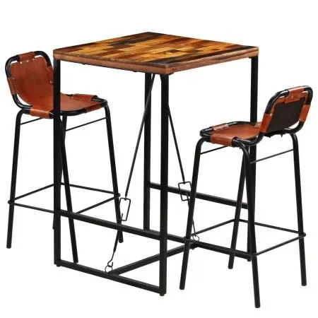 Set muebles bar 3 pzas madera reciclada cuero cabra auténtico de vidaXL, muebles para cocinas y comedores - Ref: Foro24-24628...