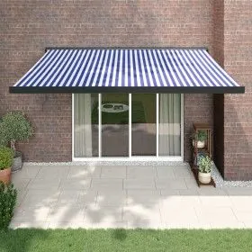 Retractable aluminum and blue and white fabric awning 4x3 m by vidaXL, Awnings - Ref: Foro24-3154598, Price: 718,43 €, Discou...