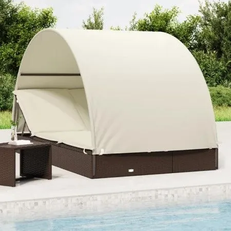Tumbona 2 personas toldo redondo ratán PE marrón 211x112x140 cm de vidaXL, Tumbonas - Ref: Foro24-319653, Precio: 307,33 €, D...