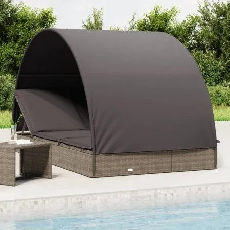 Tumbona 2 personas toldo redondo ratán PE gris 211x112x140 cm de vidaXL, Tumbonas - Ref: Foro24-319655, Precio: 300,91 €, Des...