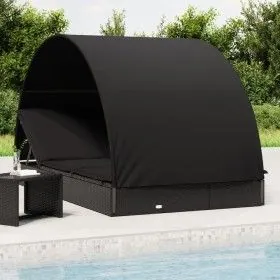 Tumbona 2 personas toldo redondo ratán PE negra 211x112x140 cm de vidaXL, Tumbonas - Ref: Foro24-319656, Precio: 303,23 €, De...