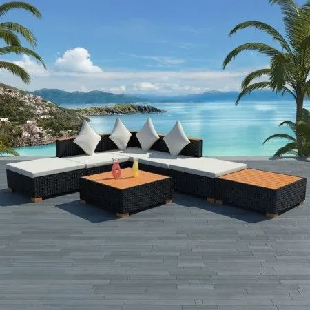Muebles de jardín y cojines 7 piezas ratán sintético negro de vidaXL, Conjuntos de jardín - Ref: Foro24-42757, Precio: 641,43...