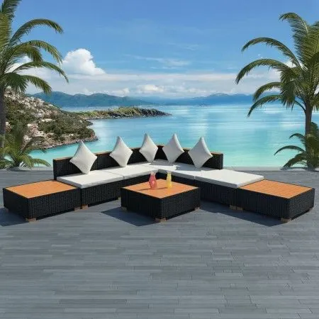Muebles de jardín y cojines 8 piezas ratán sintético negro de vidaXL, Conjuntos de jardín - Ref: Foro24-42756, Precio: 950,21...