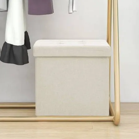 Taburete con almacenaje plegable lino sintético crema blanco de vidaXL, Taburetes y sillas plegables - Ref: Foro24-338764, Pr...