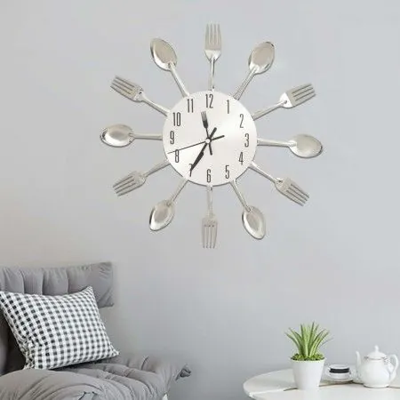 Reloj de pared diseño cuchara y tenedor plateado 31 cm aluminio de vidaXL, Relojes de pared - Ref: Foro24-325162, Precio: 24,...