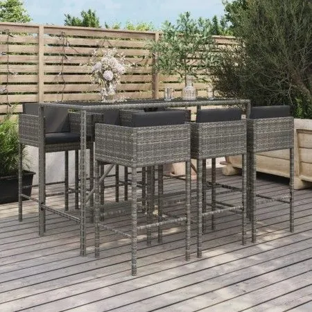 Mesa y taburetes altos jardín y cojines 7 pzas ratán PE gris de vidaXL, Conjuntos de jardín - Ref: Foro24-3200653, Precio: 58...