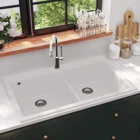 Built-in two-bowl cream white granite sink by vidaXL, Sinks - Ref: Foro24-141677, Price: 339,68 €, Discount: %