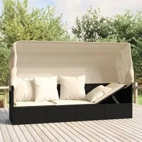 Sofá tumbona de jardín con toldo cojines ratán sintético negro de vidaXL, Tumbonas - Ref: Foro24-319566, Precio: 241,15 €, De...