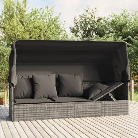 Sofá tumbona de jardín con toldo cojines ratán sintético gris de vidaXL, Tumbonas - Ref: Foro24-319568, Precio: 258,79 €, Des...