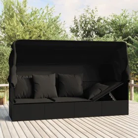 Sofá tumbona de jardín con toldo cojines ratán sintético negro de vidaXL, Tumbonas - Ref: Foro24-319569, Precio: 247,81 €, De...