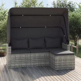 Sofá jardín 3 plazas con toldo y taburete ratán sintético gris de vidaXL, Sofás de exterior - Ref: Foro24-362335, Precio: 291...