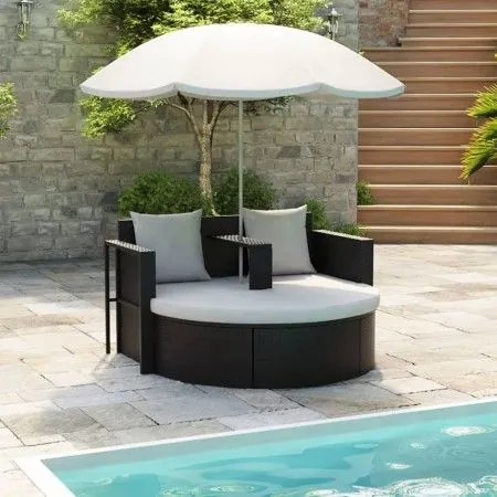 Cama de jardín con sombrilla ratán sintético negro de vidaXL, Camas para exteriores - Ref: Foro24-40735, Precio: 339,27 €, De...